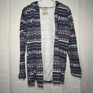 Tennis Open Front Hoodie Small Blue Aztec Geometric Print Cotton Cardigan 606261